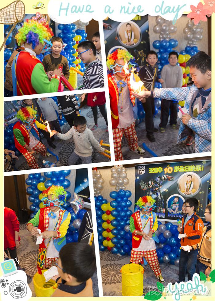 南京河西费尔蒙酒店，举办一场变形金刚主题十岁男孩生日派对，精美的气球造型装饰布置,还有软陶、小丑杂耍魔术表演等许多精彩娱乐节目,最后打皮纳塔切生日蛋糕度过一次难忘的十岁生日派对。
